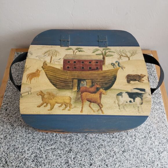 VTG Woven Wood Decoupage Noah's Ark Lid w/Handles Hinge Top Home Décor Basket - Picture 1 of 11